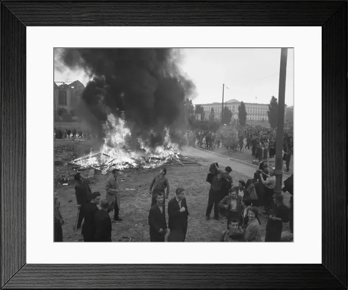 Framed Print : Rioters Burn Communist News Stand Framed Print : Rioters Burn Communist News Stand