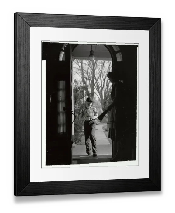Framed Print : Newsboy Writing Information of New Customer Framed Print : Newsboy Writing Information of New Customer