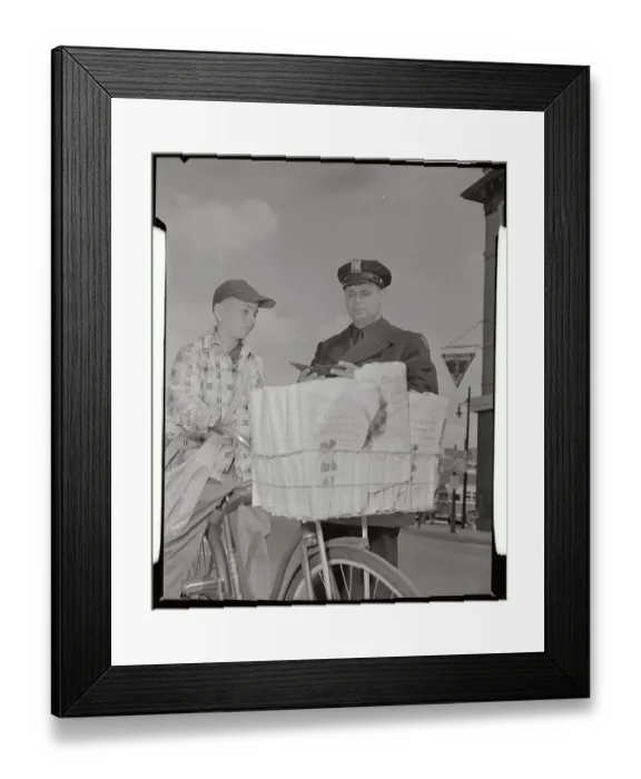 Framed Print : Policeman Checking Permit of Newsboy Delivering Papers Framed Print : Policeman Checking Permit of Newsboy Delivering Papers