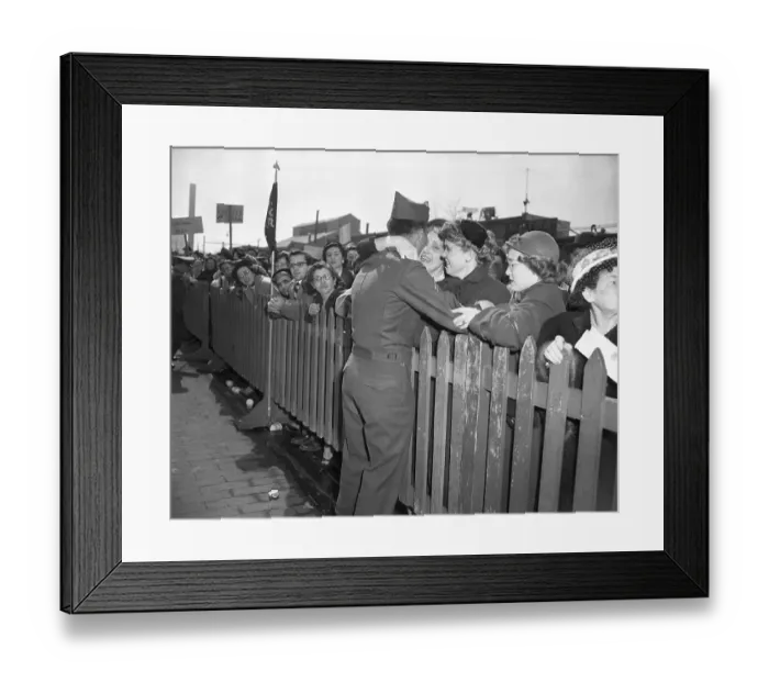 Framed Print : Soldier Kissing Wife Over Fence Framed Print : Soldier Kissing Wife Over Fence