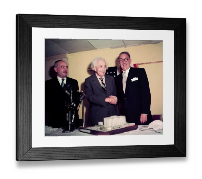 Framed Print : Albert Einstein with Model of Medical Center in his Name Framed Print : Albert Einstein with Model of Medical Center in his Name