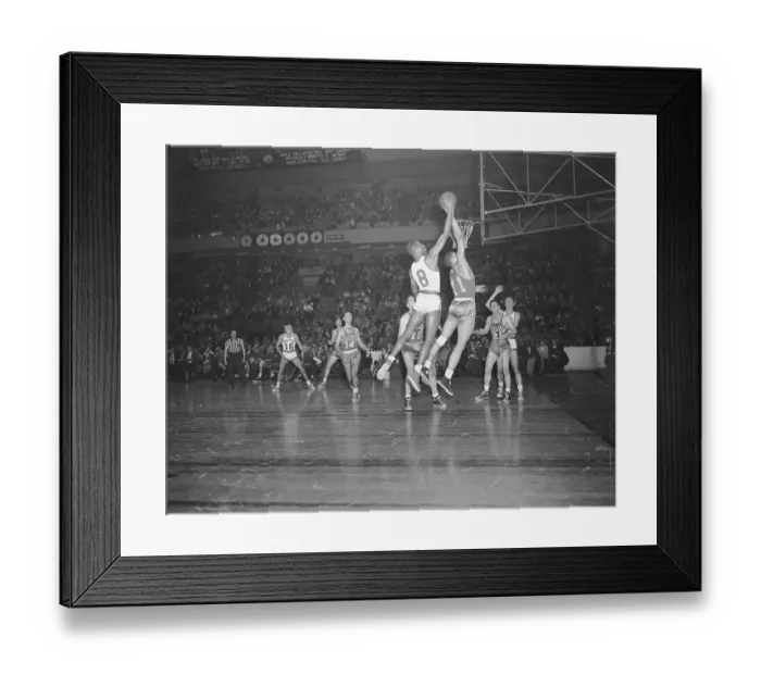 Framed Print : Basketball Players Jump for Ball Framed Print : Basketball Players Jump for Ball