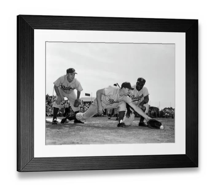 Framed Print : P.W.Reese, G.Hodges, J.Robinson In Action Framed Print : P.W.Reese, G.Hodges, J.Robinson In Action