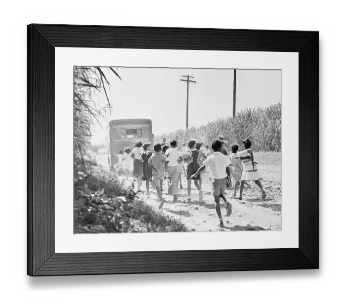 Framed Print : Youngsters Trekking to Book Mobile Parked on Road