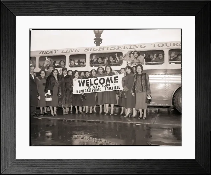 Framed Print : Dominicans Hold Welcoming Banner by Bus Framed Print : Dominicans Hold Welcoming Banner by Bus