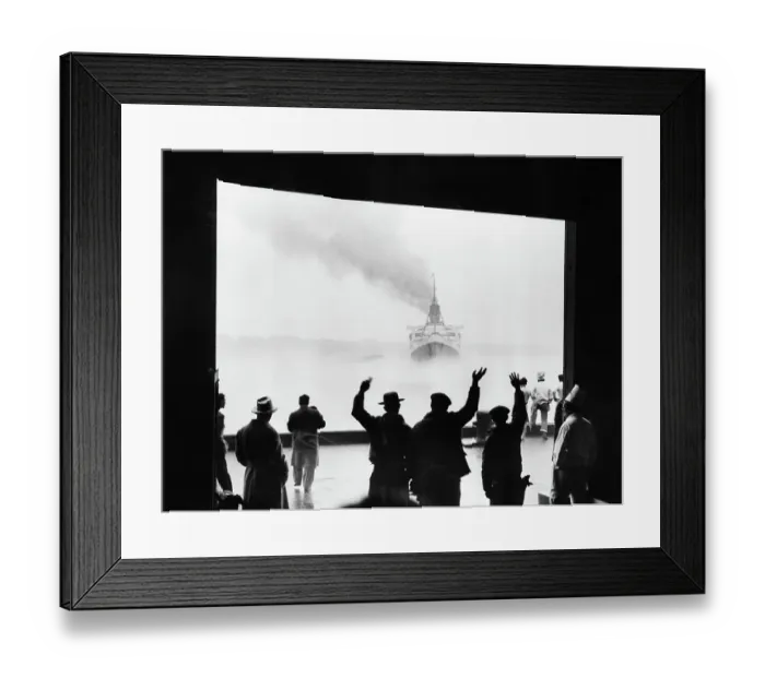 Framed Print : Longshoremen Waving to Liner Queen Mary Framed Print : Longshoremen Waving to Liner Queen Mary