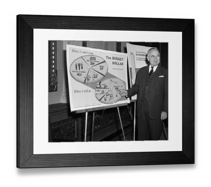 Framed Print : President Truman Points to Budget Pie Chart Framed Print : President Truman Points to Budget Pie Chart