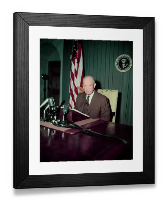 Framed Print : President Dwight Eisenhower Speaking in Microphones Framed Print : President Dwight Eisenhower Speaking in Microphones