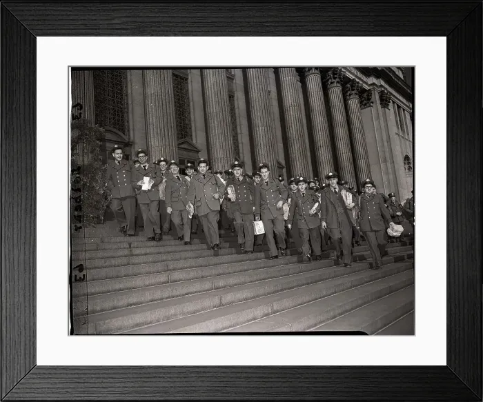 Framed Print : Postmen Descend Steps with Packages Framed Print : Postmen Descend Steps with Packages