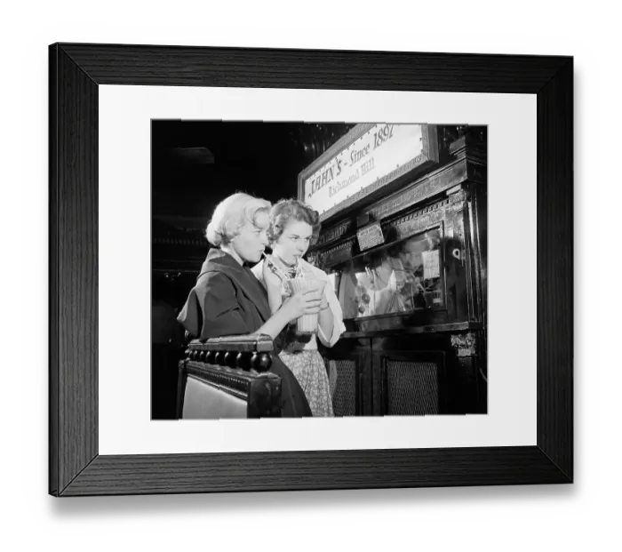 Framed Print : Young Women Sharing Soda at Jahn's Ice Cream Shop Framed Print : Young Women Sharing Soda at Jahn's Ice Cream Shop