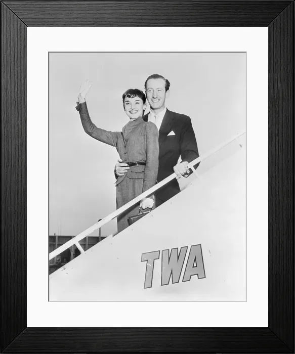 Framed Print : Audrey Hepburn and James Hanson Waving From Airplane Steps Framed Print : Audrey Hepburn and James Hanson Waving From Airplane Steps