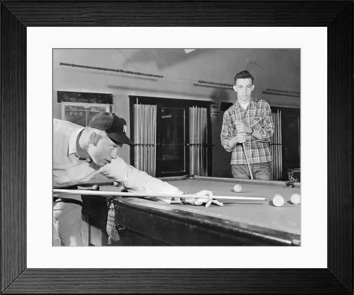 Framed Print : Mickey Mantle Playing at Pool Table