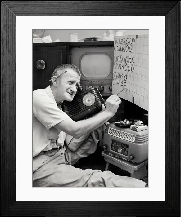 Framed Print : Man With Radios, Baseball Scoreboard Framed Print : Man With Radios, Baseball Scoreboard