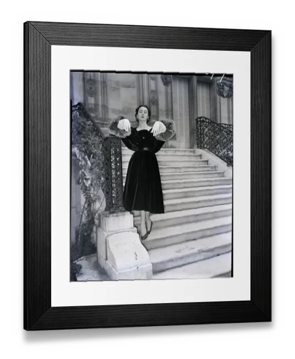 Framed Print : Model In Black Velvet Gown On Stairs Framed Print : Model In Black Velvet Gown On Stairs