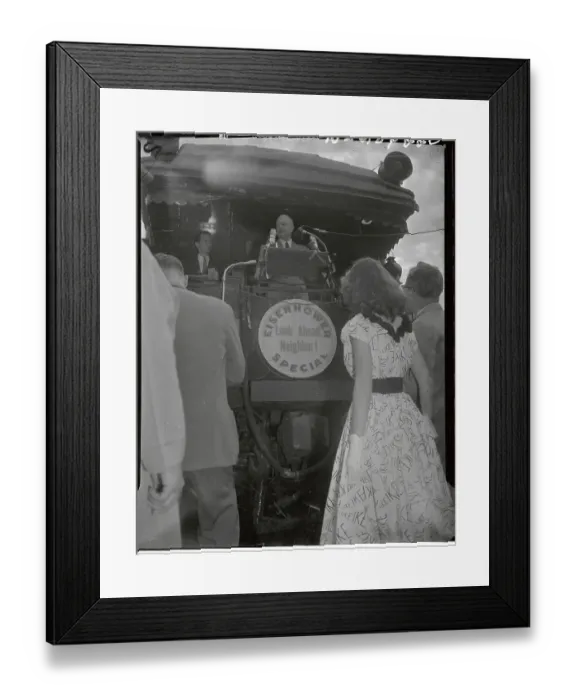 Framed Print : Woman Sporting I Like Ike Print Dress Listening to Eisenhower Speech Framed Print : Woman Sporting I Like Ike Print Dress Listening to Eisenhower Speech