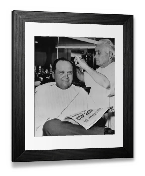 Framed Print : Gambler Benny Binion Getting Haircut for Court Framed Print : Gambler Benny Binion Getting Haircut for Court