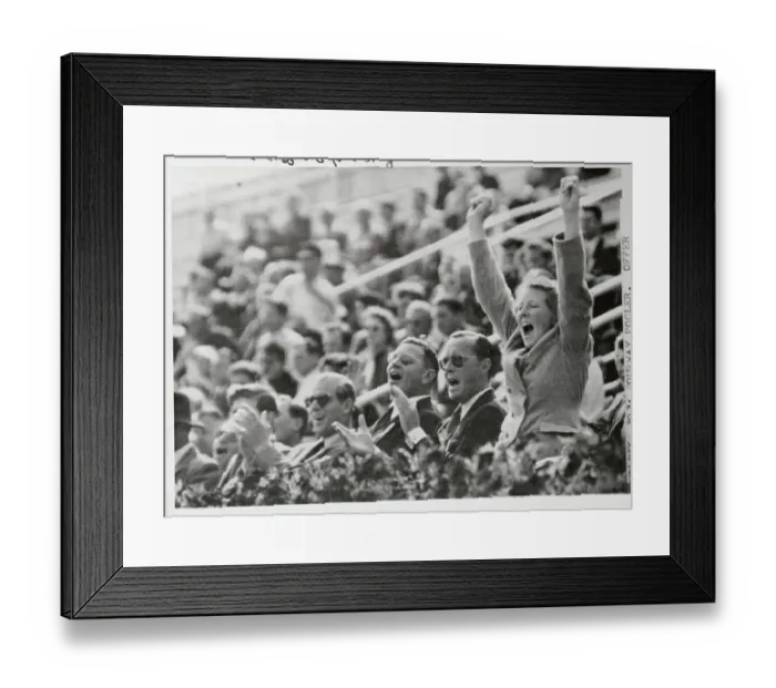 Framed Print : Princess Beatrix Jumping for Joy in Crowded Stadium