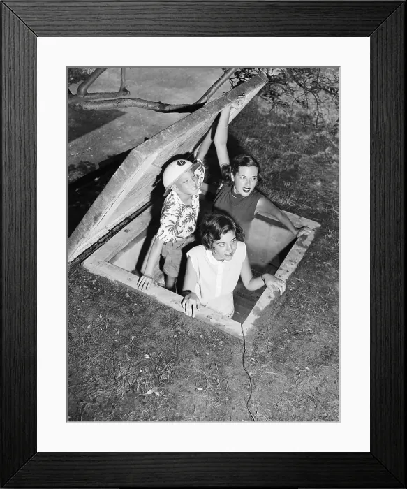 Framed Print : Children Testing Bomb Shelter Escape Hatch Framed Print : Children Testing Bomb Shelter Escape Hatch