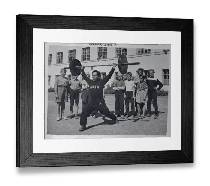 Framed Print : Finnish Observers Watching Japanese Weight Lifter Framed Print : Finnish Observers Watching Japanese Weight Lifter