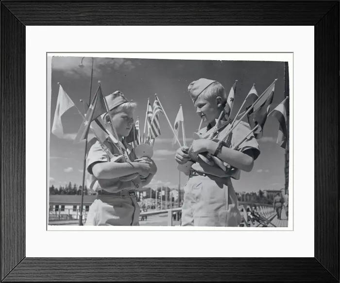 Framed Print : Olympic Helpers Carrying Flags for Hall Decor Framed Print : Olympic Helpers Carrying Flags for Hall Decor