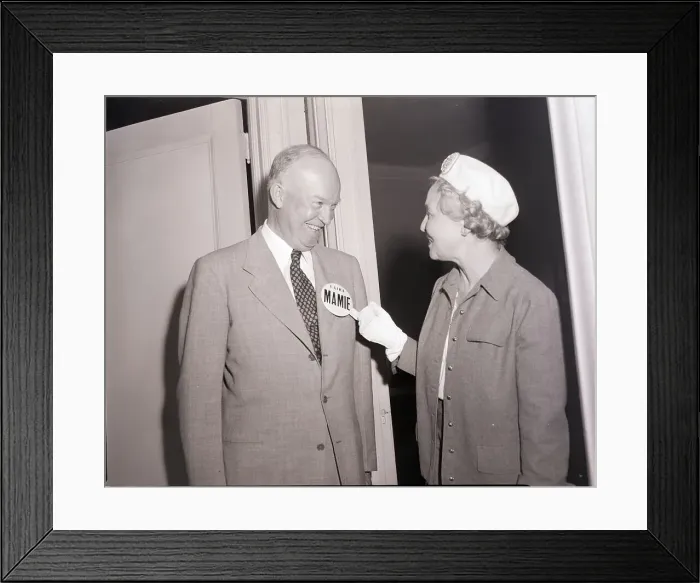 Framed Print : Woman Pins Button on Dwight Eisenhower Framed Print : Woman Pins Button on Dwight Eisenhower
