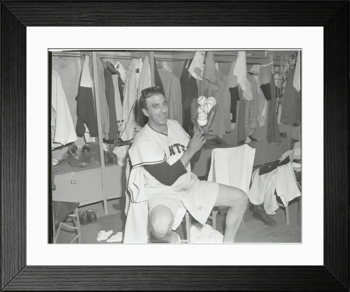 Framed Print : Sal Maglie Holding Six Baseballs in Glove Framed Print : Sal Maglie Holding Six Baseballs in Glove