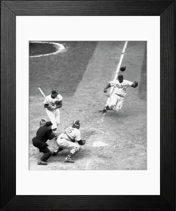 Framed Print : Dodger Jackie Robinson Stealing Home in Cubs Game Framed Print : Dodger Jackie Robinson Stealing Home in Cubs Game
