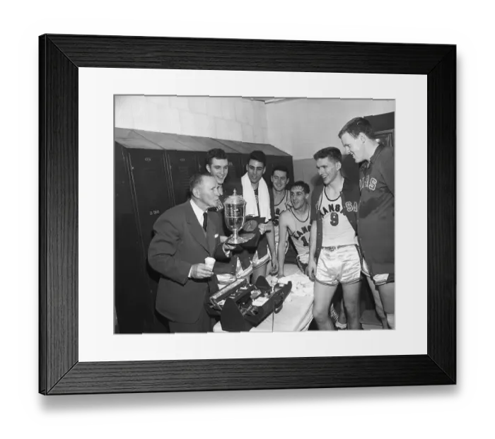 Framed Print : Coach and Kansas University Basketball Players with Trophy