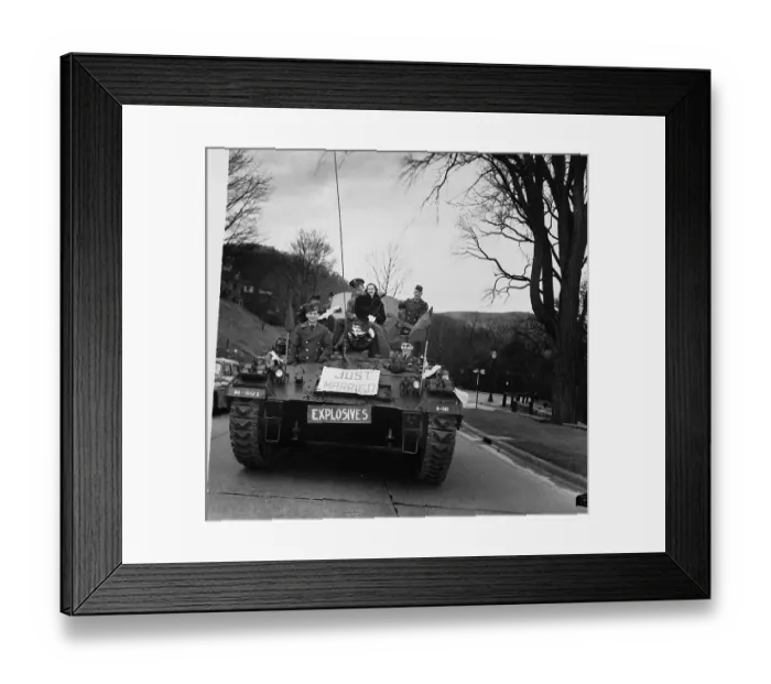 Framed Print : Bride And Groom Riding Atop Army Tank Framed Print : Bride And Groom Riding Atop Army Tank