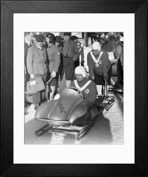 Framed Print : Olympic Bobsled Racers Getting into Position for Race Framed Print : Olympic Bobsled Racers Getting into Position for Race