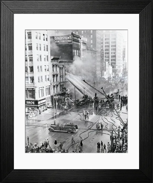 Framed Print : Fire Trucks Spraying Building Fire Framed Print : Fire Trucks Spraying Building Fire