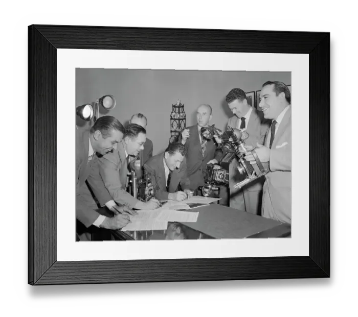 Framed Print : Yogi Berra and Gil McDougald Sign Contracts Framed Print : Yogi Berra and Gil McDougald Sign Contracts