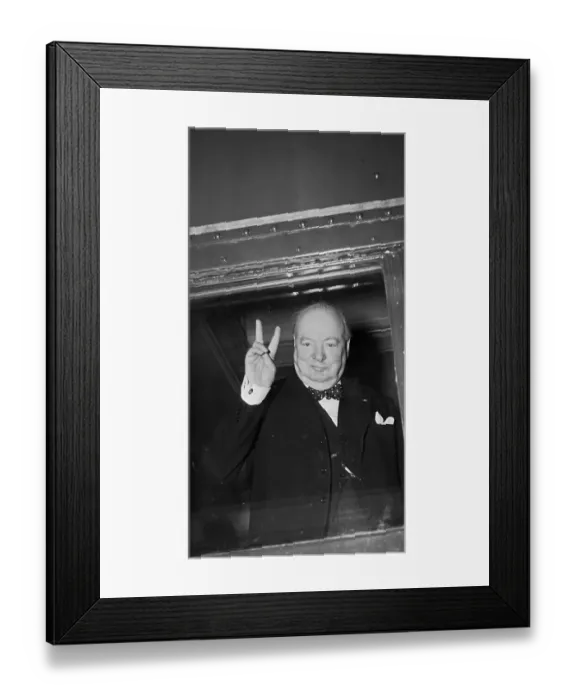 Framed Print : Prime Minister Winston Churchill Gesturing from Train Window Framed Print : Prime Minister Winston Churchill Gesturing from Train Window