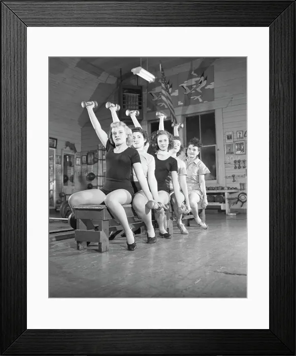 Framed Print : Women On Bench Exercising With Barbells Framed Print : Women On Bench Exercising With Barbells