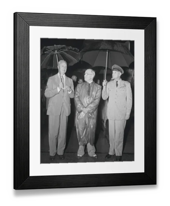 Framed Print : President Harry S. Truman Sharing Umbrellas with Undersecretary and General Framed Print : President Harry S. Truman Sharing Umbrellas with Undersecretary and General