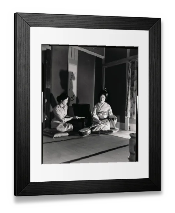 Framed Print : Geisha Girls Representing Past and Present Customs Sitting Together on Floor Framed Print : Geisha Girls Representing Past and Present Customs Sitting Together on Floor