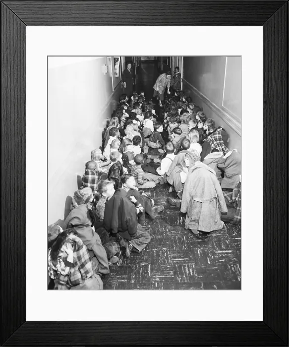 Framed Print : School Children In Hall In Air Raid Posi Framed Print : School Children In Hall In Air Raid Posi