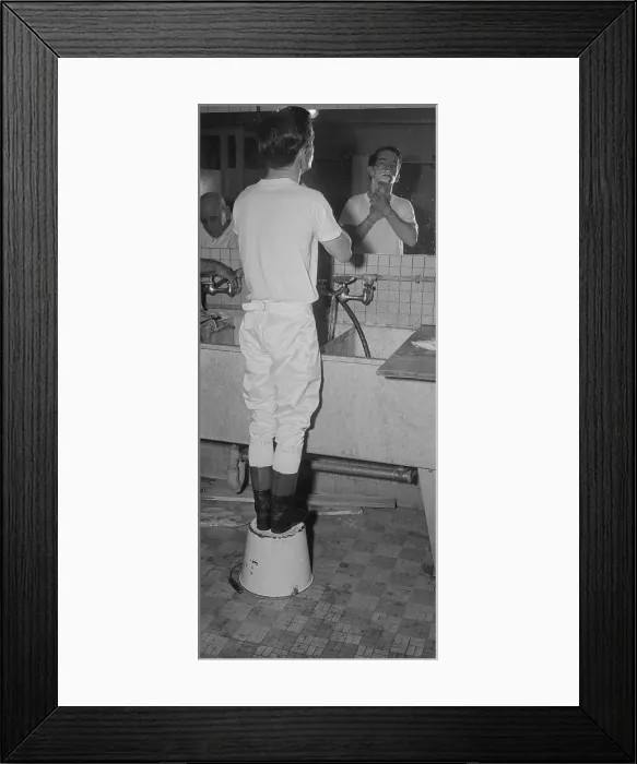 Framed Print : Willie Shoemaker Standing on Bucket Shaving Framed Print : Willie Shoemaker Standing on Bucket Shaving