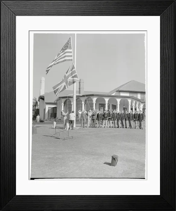 Framed Print : British and US Flags Hoisted at Opening of Golf Tournament in NBC Framed Print : British and US Flags Hoisted at Opening of Golf Tournament in NBC