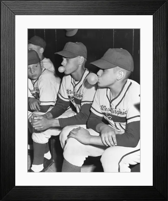 Framed Print : Little League Players Blowing Bubble Gum in Dugout Framed Print : Little League Players Blowing Bubble Gum in Dugout