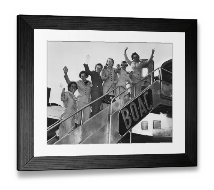 Framed Print : Women Golfers Waving from Airplane Staircase Framed Print : Women Golfers Waving from Airplane Staircase
