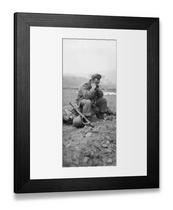 Framed Print : Soldier Resting With Head In Hands
