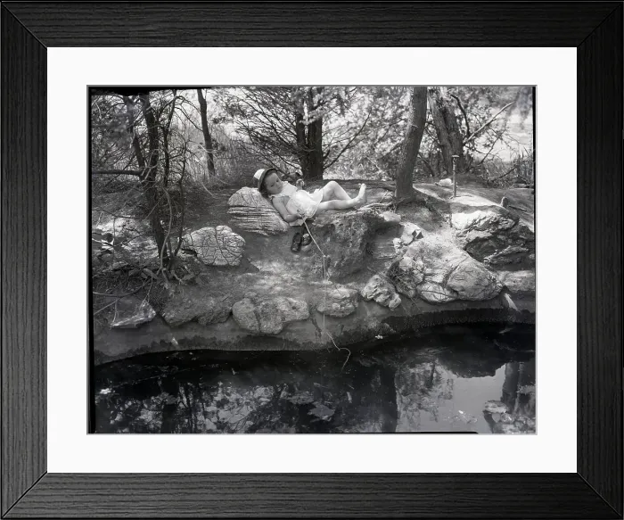 Framed Print : Little Girl Fishing Under Shade by Pond Framed Print : Little Girl Fishing Under Shade by Pond
