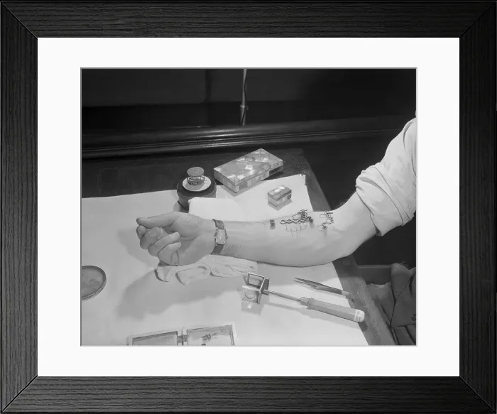 Framed Print : Roy Heckler Feeding Flea Circus on His Arm Framed Print : Roy Heckler Feeding Flea Circus on His Arm