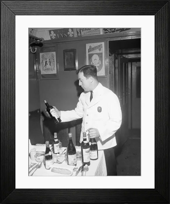 Framed Print : Head Waiter on Train with Wine Bottle Framed Print : Head Waiter on Train with Wine Bottle
