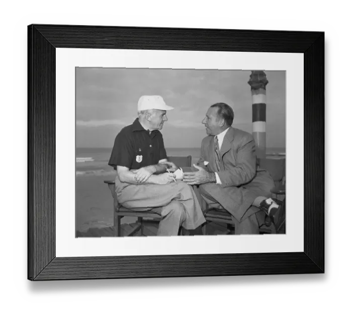 Framed Print : Walter Winchell Interviewing Frank Costello on Beach Framed Print : Walter Winchell Interviewing Frank Costello on Beach