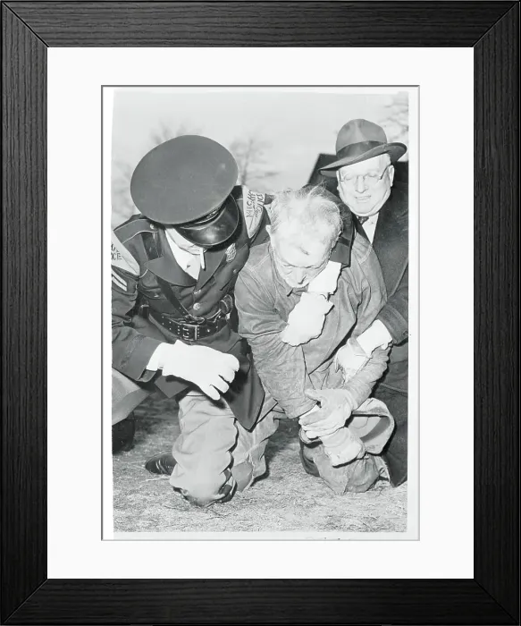 Framed Print : Policemen Holding an Old Man Framed Print : Policemen Holding an Old Man