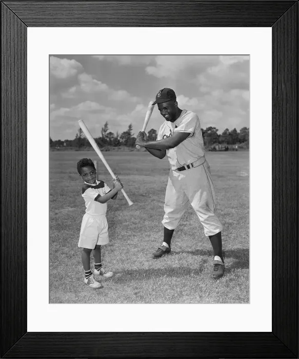 Framed Print : Jackie Robinson Sr. and Jr. on Field with Baseball Bats Framed Print : Jackie Robinson Sr. and Jr. on Field with Baseball Bats