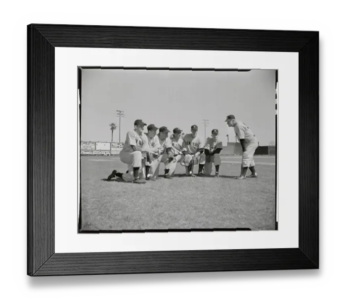 Framed Print : Casey Stengel Bending to Talk to Players Crouched on Field Framed Print : Casey Stengel Bending to Talk to Players Crouched on Field