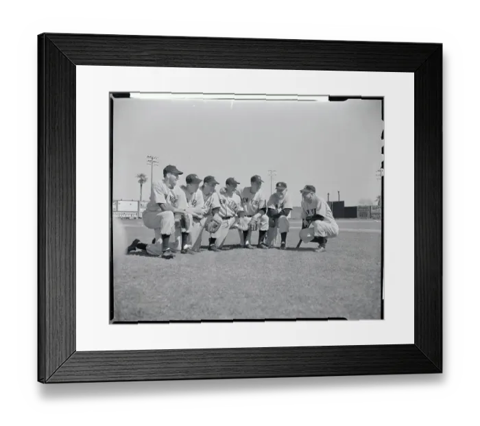 Framed Print : Casey Stengel Bending to Talk to Players Crouched on Field Framed Print : Casey Stengel Bending to Talk to Players Crouched on Field